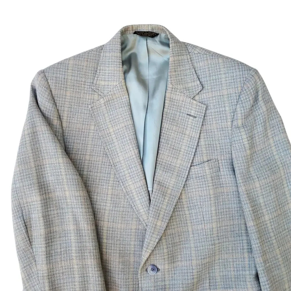 VTG Stafford Ivy Prep Blue Tweed Wool Plaid Check Sport Coat Blazer Jacket 42R
